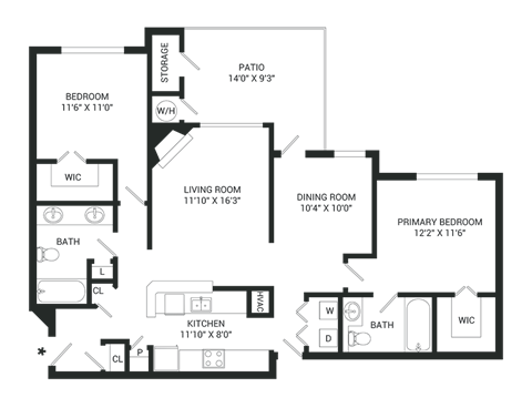 the floor plan of a bedroom apartment